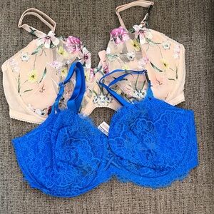Victoria's Secret Blue Lace and Floral Cream Bras